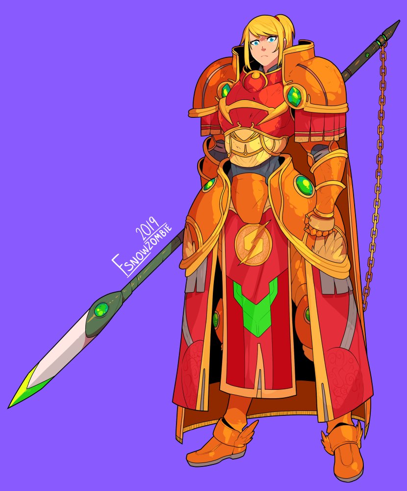 1girl, 2019, adapted_costume, armor, artist_name, blonde_hair, blue_background, blue_eyes, cape, chain, english_commentary, fire_emblem, fsnowzombie, full_body, intelligent_systems, looking_at_viewer, metroid, nintendo, nintendo_ead, polearm, ponytail, retro_studios, samus_aran, simple_background, solo, spear, standing, super_smash_bros., weapon