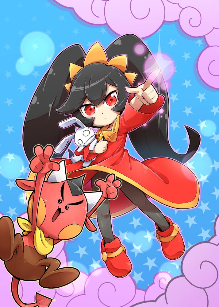 1girl, 1other, ashley_(warioware), black_hair, black_legwear, blue_background, commentary_request, convenient_censoring, demon, demon_tail, dot_eyes, dress, horns, intelligent_systems, loli, long_hair, long_sleeves, nintendo, pantyhose, red_(warioware), red_dress, red_eyes, star, starry_background, stuffed_animal, stuffed_bunny, stuffed_toy, tail, tokkyuu_mikan, twintails, upskirt, very_long_hair, warioware, witch