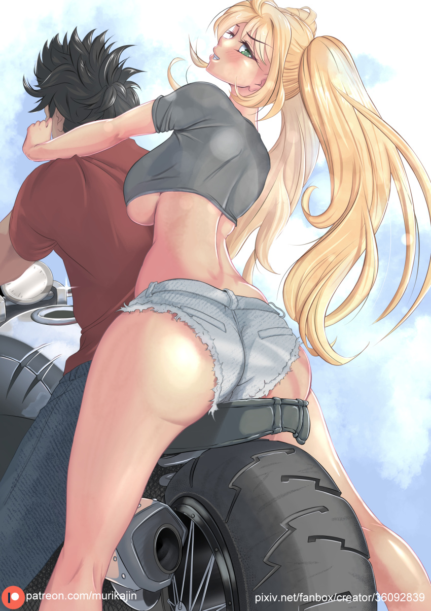 1boy, 1girl, ass, black_shirt, blonde_hair, blue_pants, blue_sky, breasts, crop_top, danberu_nan_kiro_moteru?, denim, denim_shorts, from_behind, green_eyes, grin, ground_vehicle, highres, large_breasts, long_hair, looking_at_viewer, looking_back, motor_vehicle, motorcycle, murikajin, pants, red_shirt, riding, sakura_hibiki_(danberu_nan_kiro_moteru?), shirt, short_shorts, short_sleeves, shorts, sitting, sky, smile, twintails