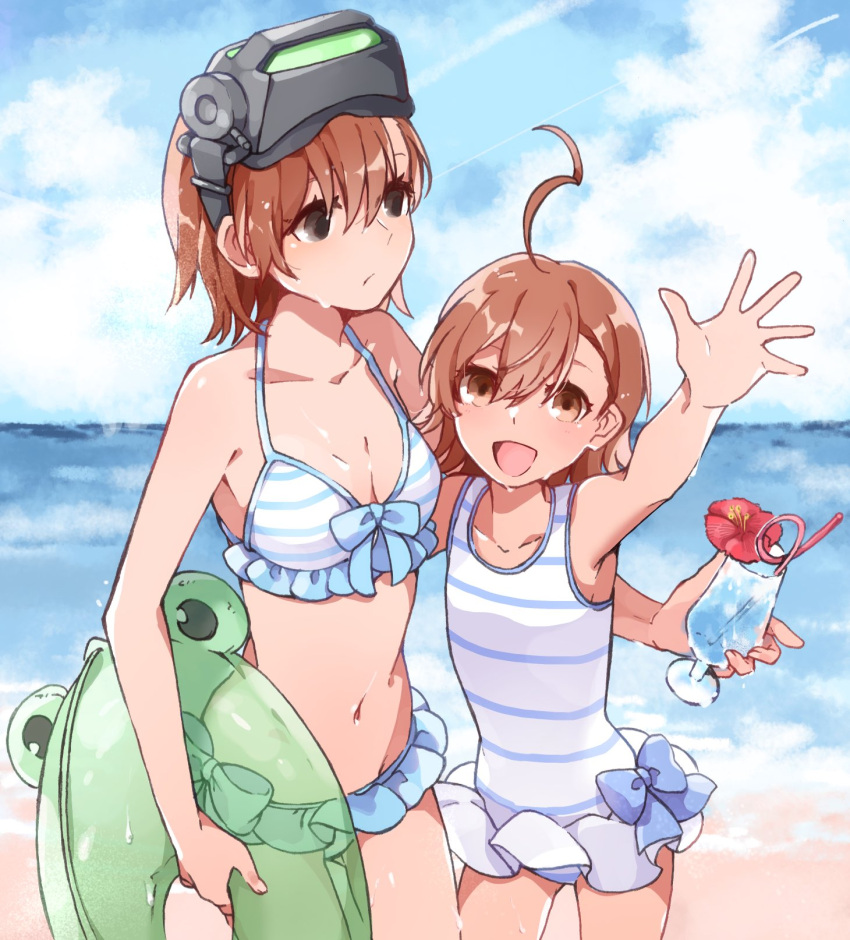 2girls, ahoge, beach, bikini, blue_sky, breasts, brown_eyes, brown_hair