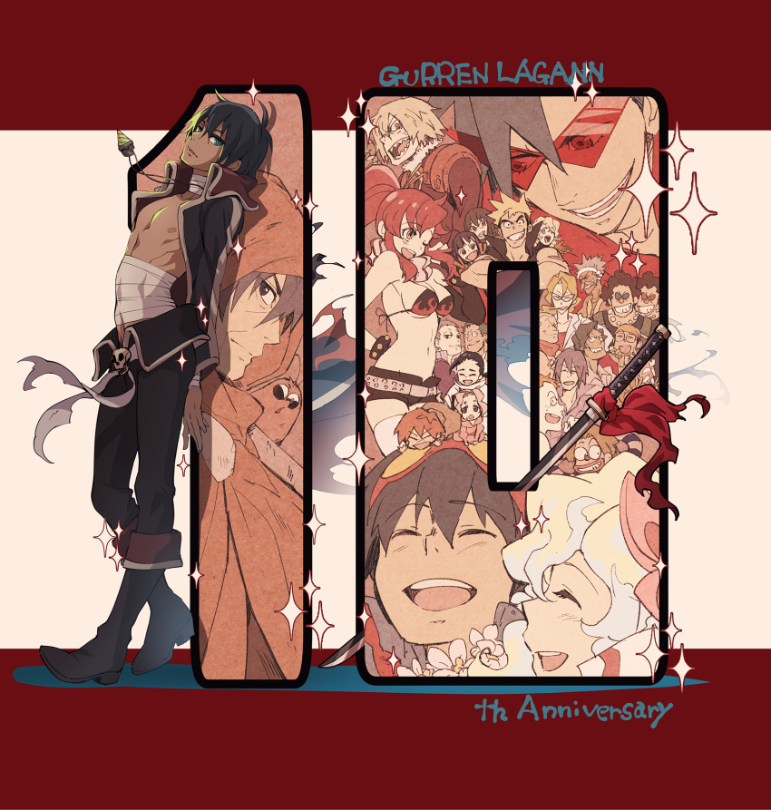 amulet, anniversary, antispiral_nia, bandages, black_eyes, black_footwear, blue_hair, blush, breasts, brown_eyes, brown_hair, cloak, closed_eyes, closed_mouth, cloud_hair, couple, curly_hair, facial_hair, fukui_yukari, garlock_simon, glasses, goggles, green_eyes, hetero, highres, hiyama_nobuyuki, hood, hood_up, inoue_marina, kakihara_tetsuya, kamina, katana, kinon, kittan, kiyal, kiyoh, konishi_katsuyuki, laughing, leeron, long_hair, looking_at_viewer, looking_to_the_side, multiple_boys, multiple_girls, mustache, nia_teppelin, nipples, number, onosaka_masaya, open_mouth, orange_hair, pants, parted_lips, ponytail, red_eyes, redhead, rossiu, saiga_mitsuki, shorts, simon, simple_background, smile, sword, taniyama_kishou, teeth, tengen_toppa_gurren_lagann, umapan, viral, weapon, white_hair, yoko_littner
