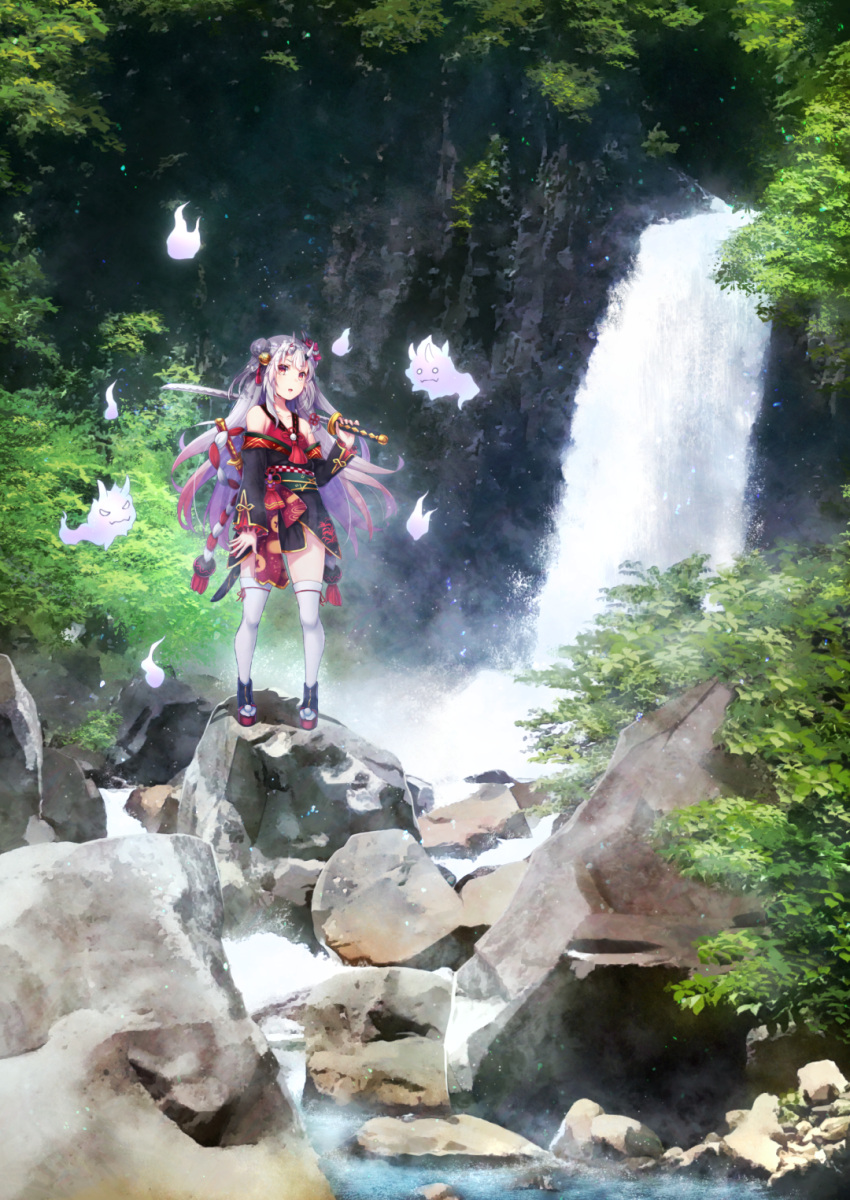 1girl, bare_shoulders, black_kimono, commentary_request, cyanomirahi, day, frilled_sleeves, frills