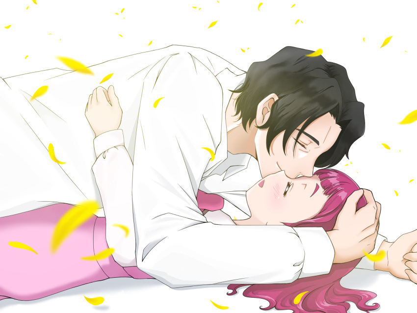 1boy, 1girl, age_difference, bad_id, bad_pixiv_id, black_hair, closed_eyes, collared_shirt