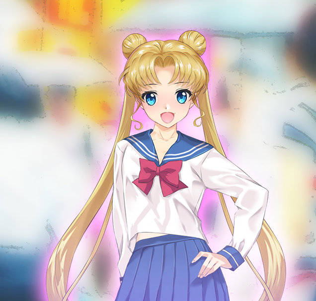 1girl, :d, arion_canvas, bishoujo_senshi_sailor_moon, blonde_hair, blue_eyes, blue_sailor_collar, blue_skirt
