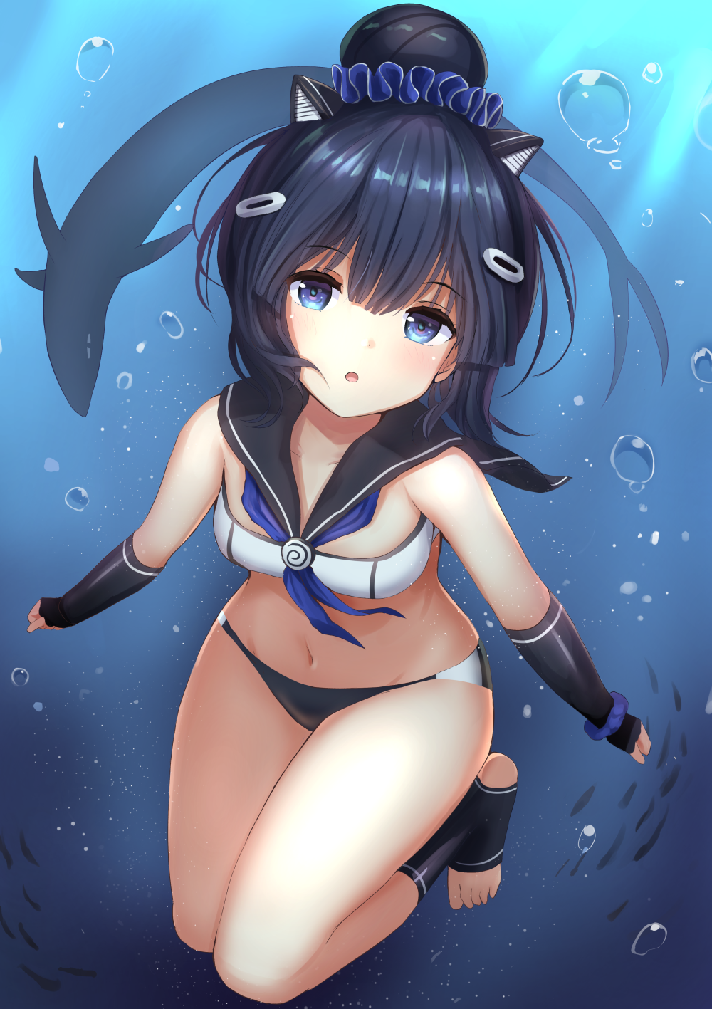 1girl, animal_ears, azur_lane, bangs, bare_shoulders, bikini, bikini_bottom, black_hair, blue_eyes, blue_scrunchie, blush, bubble, cat_ears, commentary_request, elbow_gloves, fake_animal_ears, fingerless_gloves, gloves, hair_between_eyes, hair_bun, hair_ornament, hair_scrunchie, hairclip, highres, i-56_(azur_lane), looking_at_viewer, manda_(manda9n), midriff, navel, open_mouth, sailor_collar, scrunchie, shark, short_hair, solo, stomach, swimsuit, thighs, underwater