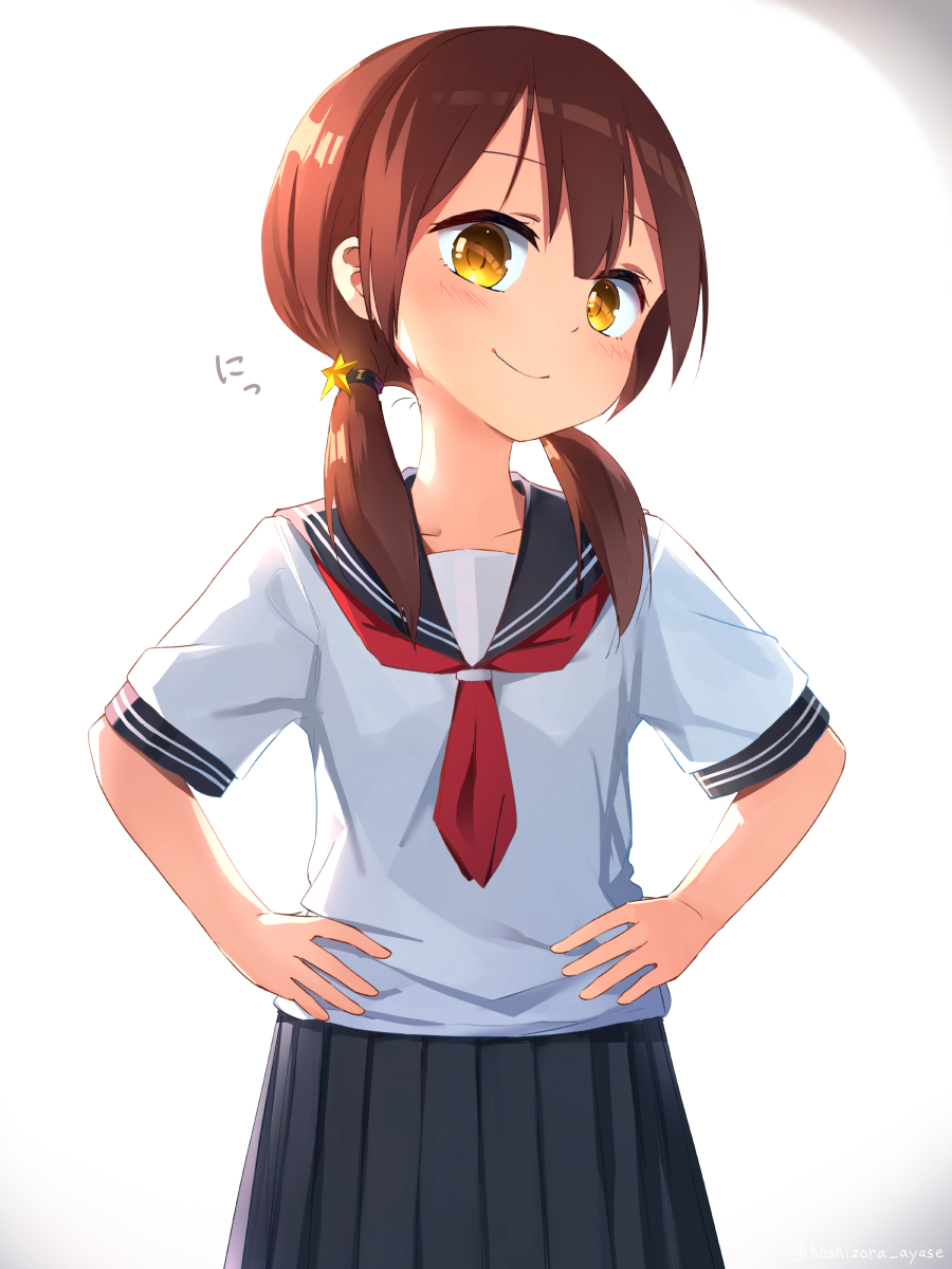 1girl, blue_skirt, brown_eyes, brown_hair, hands_on_hips, highres, hoshizora_ayase, long_hair, low_twintails, original, sailor_collar, school_uniform, serafuku, simple_background, skirt, smile, solo, twintails, uniform, white_background