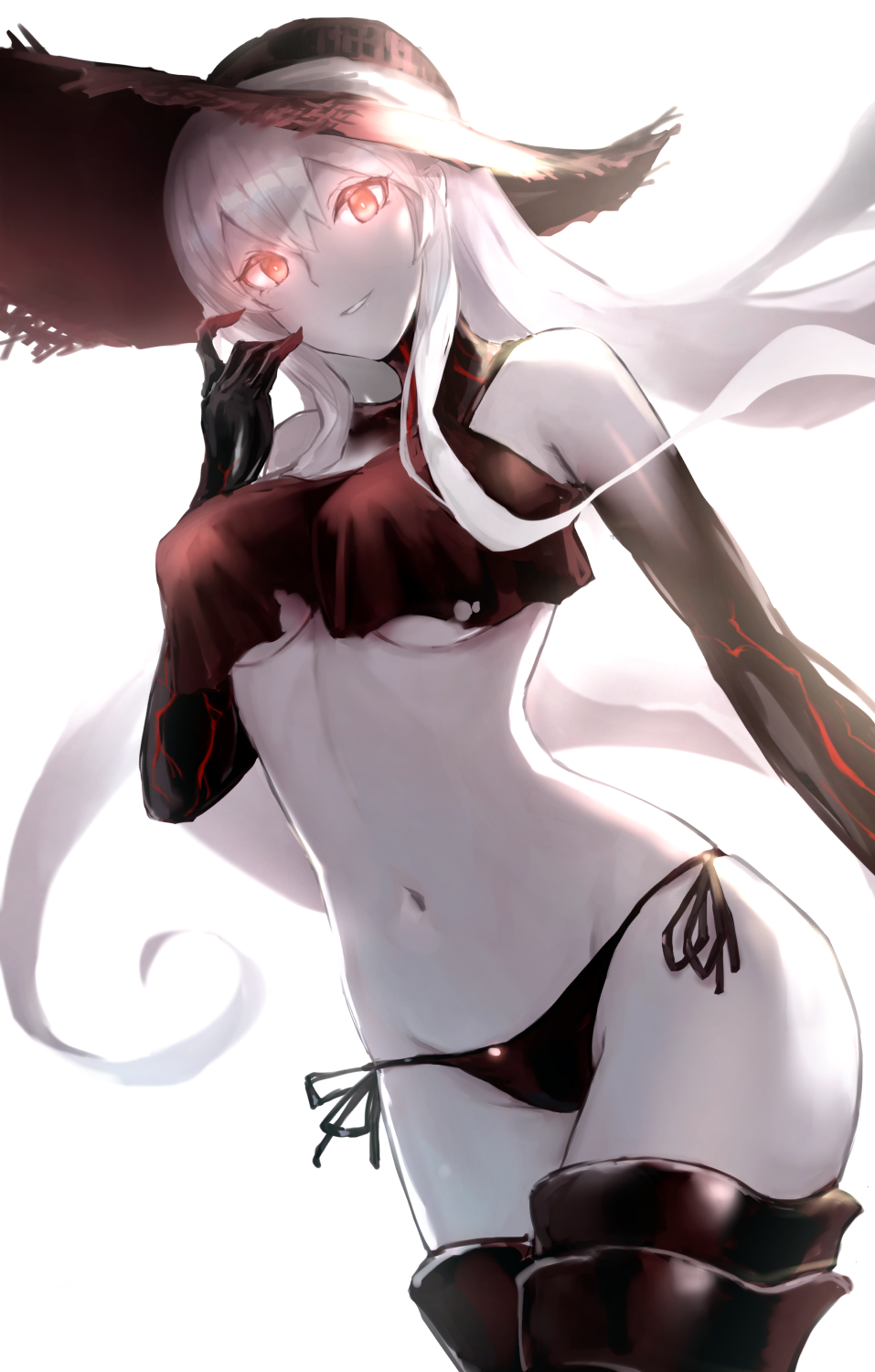 1girl, aircraft_carrier_oni, aircraft_carrier_summer_hime, bangs, bikini, black_bikini, boots, breasts