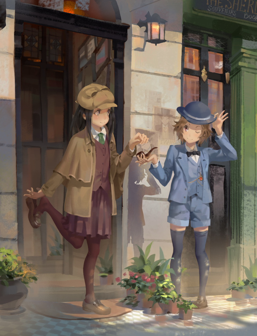 2girls, absurdres, adjusting_clothes, adjusting_hat, black_hair, black_neckwear, blue_headwear, blue_jacket
