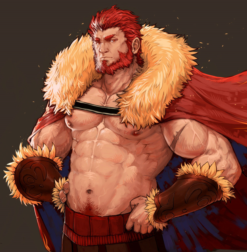 1boy, abs, bara, beard, body_hair, cape, chest, facial_hair
