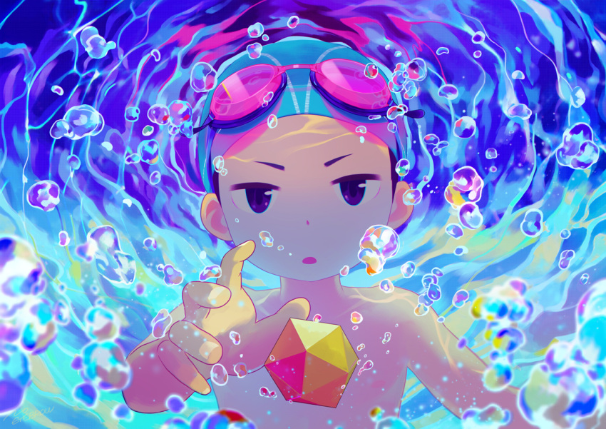 1boy, air_bubble, blue_eyes, bubble, caustics, child, commentary_request, goggles
