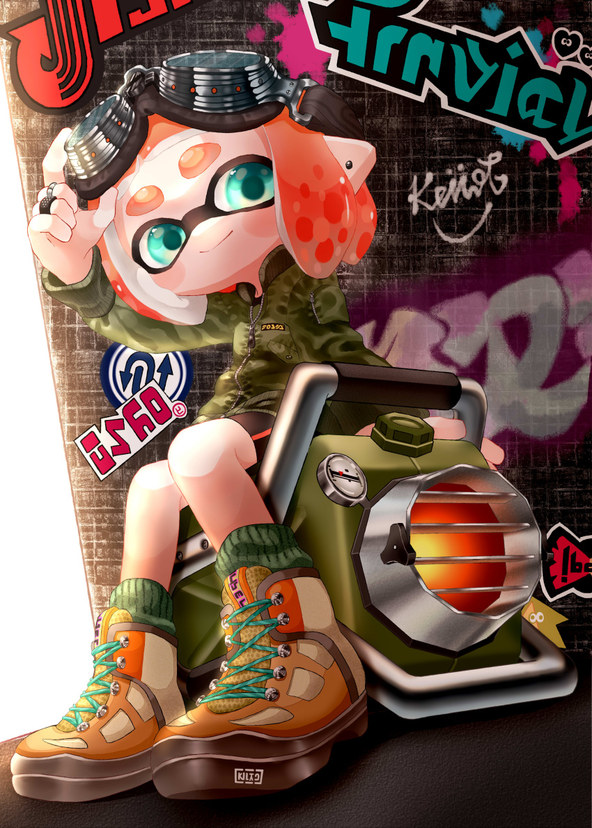 1girl, absurdres, bangs, bike_shorts, black_shorts, blunt_bangs, brown_footwear, camouflage_jacket