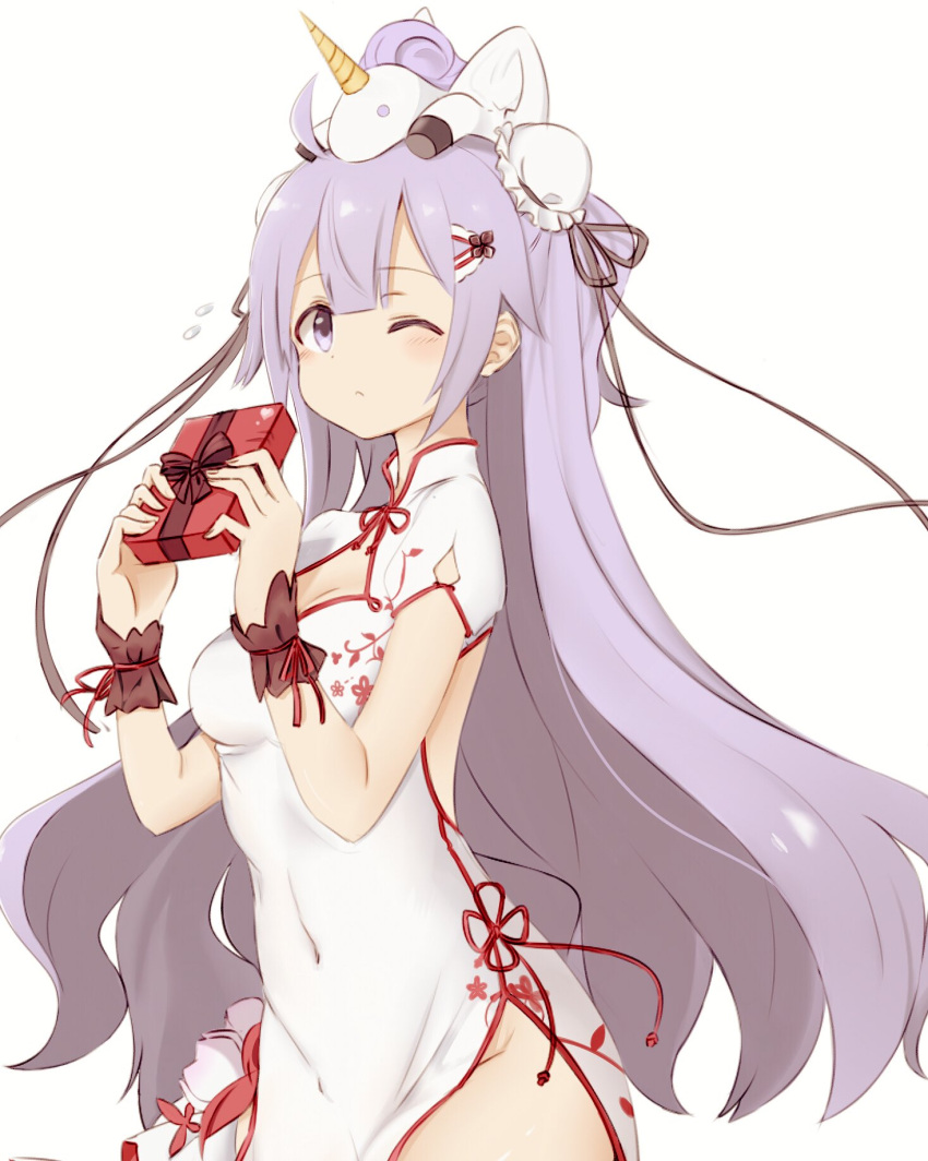 1girl, ;o, azur_lane, black_ribbon, bun_cover, china_dress, chinese_clothes, commentary, covered_navel, cowboy_shot, dress, flying_sweatdrops, fuyono_neru, gun, hair_bun, hair_ribbon, high_collar, highres, holding, holding_gun, holding_weapon, long_hair, looking_at_viewer, one_eye_closed, parted_lips, purple_hair, ribbon, short_sleeves, side_slit, simple_background, solo, standing, stuffed_animal, stuffed_toy, stuffed_unicorn, unicorn_(azur_lane), very_long_hair, violet_eyes, weapon, white_background, white_dress, wrist_cuffs