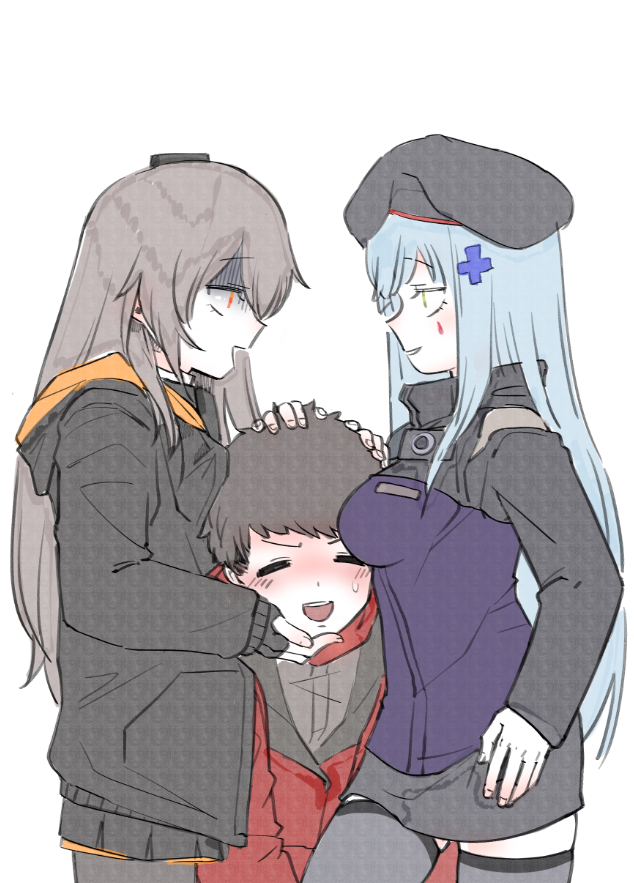 1boy, 2girls, angry, beret, between_breasts, blush, breast_envy, breasts