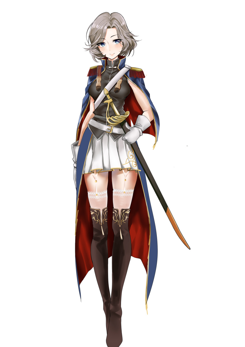 1girl, absurdres, arm_at_side, belt, black_legwear, blue_capelet, blue_eyes, blush