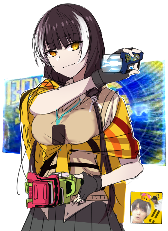 1girl, black_hair, black_skirt, breasts, commentary_request, crossover, fingerless_gloves, girls_frontline, gloves, hanaya_taiga, holding, houjou_emu, kamen_rider, kamen_rider_ex-aid, kamen_rider_ex-aid_(series), long_hair, looking_at_viewer, super_mario_bros., medium_breasts, multicolored_hair, new_super_mario_bros._u_deluxe, rider_gashat, ro635_(girls_frontline), skirt, smile, super_crown, upper_body, white_hair, xiujia_yihuizi, yellow_eyes