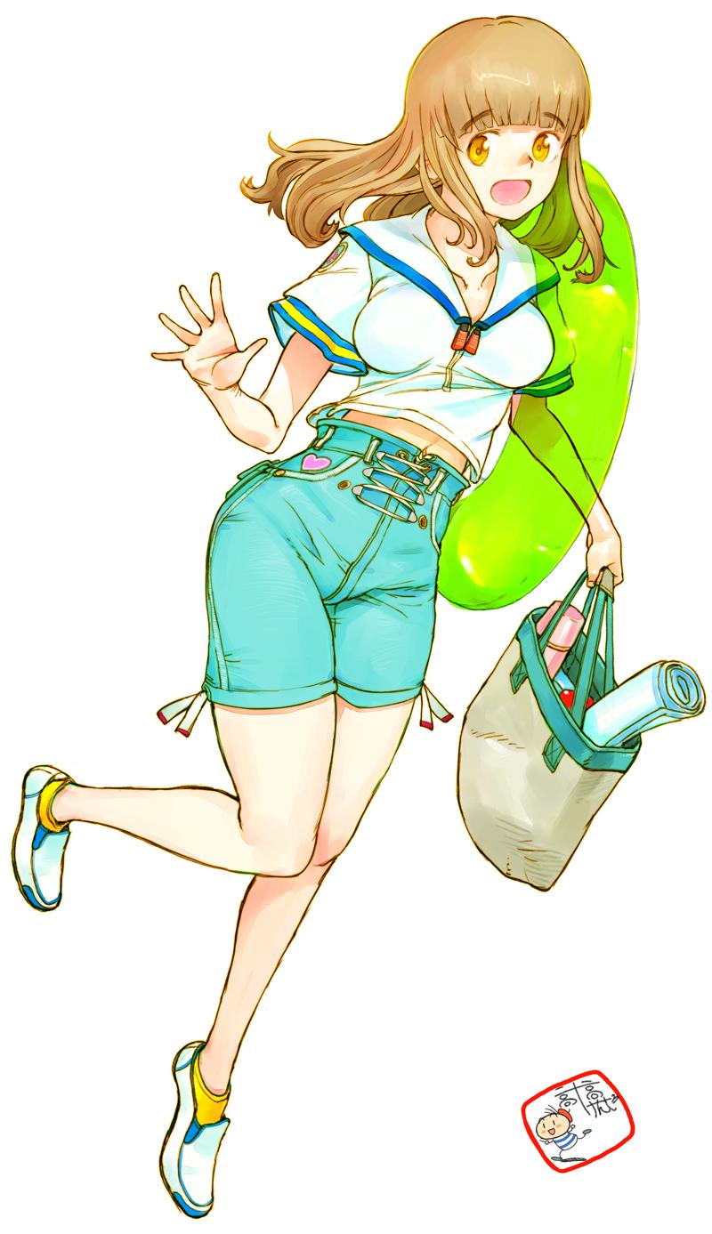 1girl, artist_logo, bag, bangs, blouse, blunt_bangs, casual, commentary