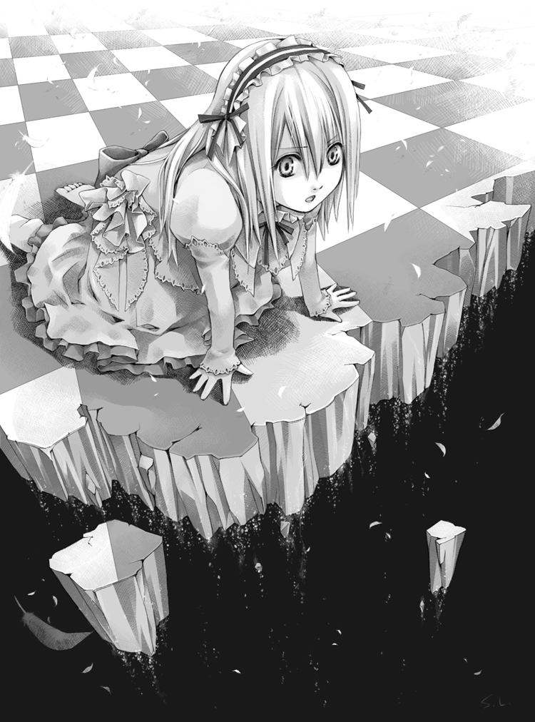 alice, american_mc_gee_alice, barefoot, checkered, checkered_floor, dress, feathers, gothic_lolita
