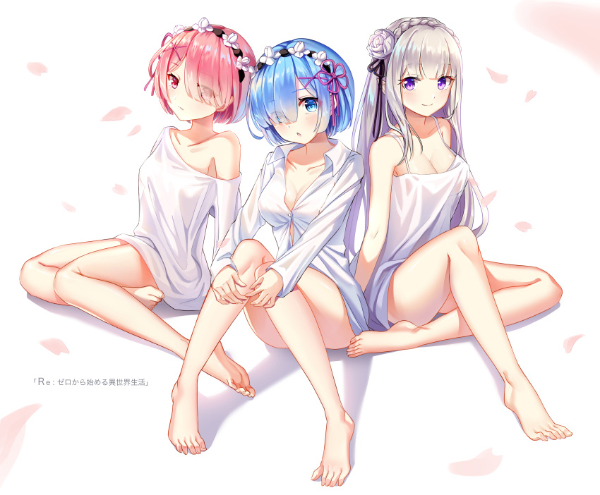 3girls, absurdres, barefoot, blue_eyes, blue_hair, blush, breasts, emilia_(re:zero)