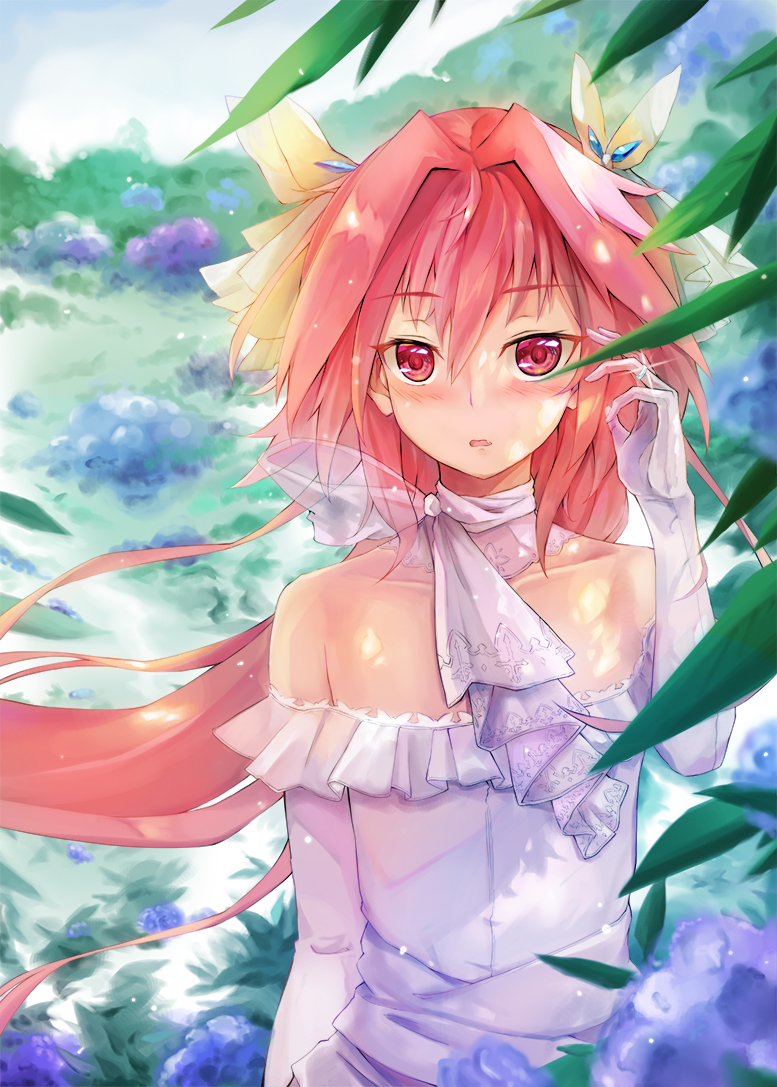 1boy, a-1_pictures, alternate_hairstyle, astolfo_(fate), bangs, bare_shoulders, blue_flower, blurry, blush, bow, collarbone, commentary_request, day, depth_of_field, detached_collar, dress, dying_(dying0414), elbow_gloves, eyebrows_visible_through_hair, fang, fate/apocrypha, fate/grand_order, fate/stay_night, fate_(series), floating_hair, flower, glint, gloves, grass, hair_between_eyes, hair_bow, hair_intakes, hair_ribbon, hand_up, jewelry, leaf, light_particles, long_hair, looking_at_viewer, male_focus, multicolored_hair, off-shoulder_dress, off_shoulder, otoko_no_ko, outdoors, parted_lips, pink_eyes, pink_hair, purple_flower, ribbon, ring, see-through, solo, streaked_hair, tokyo_mx, trap, type-moon, upper_body, wedding_band, wedding_dress, white_dress, white_gloves, white_hair, white_neckwear, wind, yellow_bow, yellow_ribbon