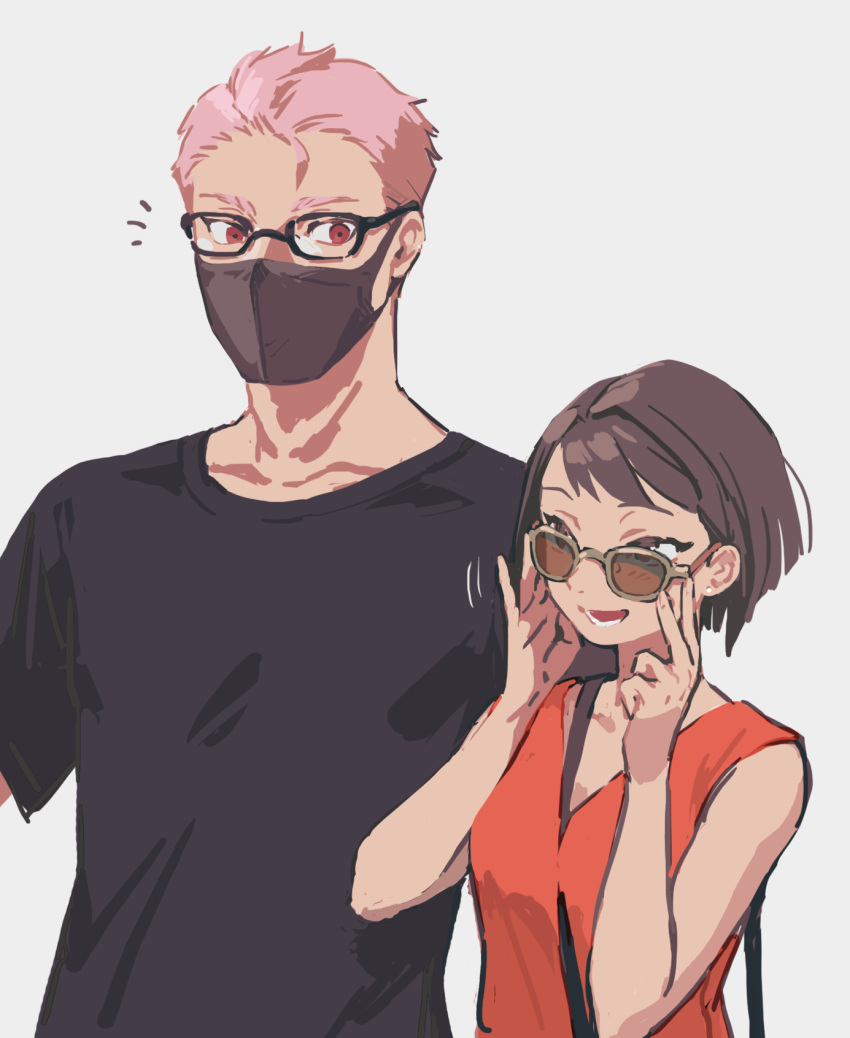1boy, 1girl, akaneko_(redakanekocat), black-framed_eyewear, black_shirt, brown-framed_eyewear, brown_hair, contemporary, glasses, hachikyaku_rozunieru, hands_up, hetero, highres, mask, pink_hair, pixiv_fantasia, pixiv_fantasia_last_saga, red_eyes, red_shirt, rudia_of_the_moon_smile, shirt, simple_background, sleeveless, sleeveless_shirt, sunglasses, t-shirt, tinted_eyewear, upper_body, white_background
