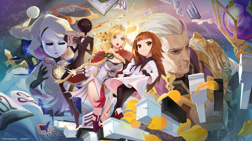 2boys, 3girls, :o, alice_(sdorica_-sunset-), angelia, armor, b.c.n.y., bangs
