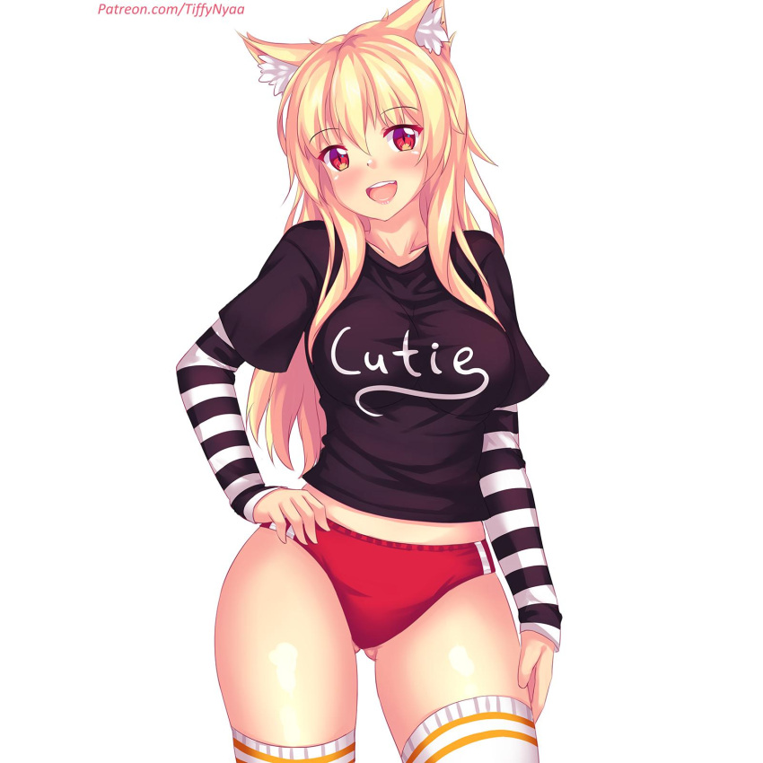1girl, animal_ear_fluff, animal_ears, bangs, blonde_hair, blush, breasts, buruma