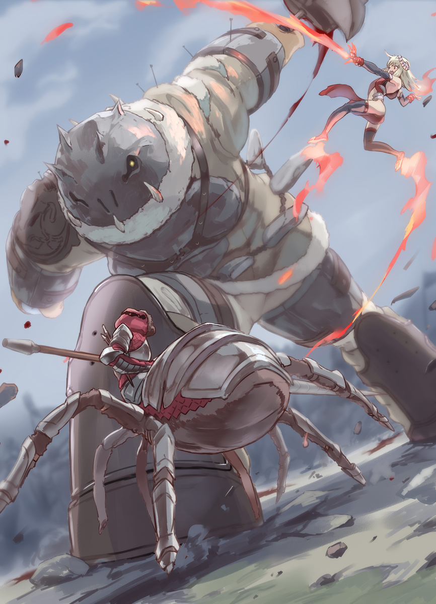 1girl, 2boys, armor, arrow_in_body, battle, day, fire, grey_sky