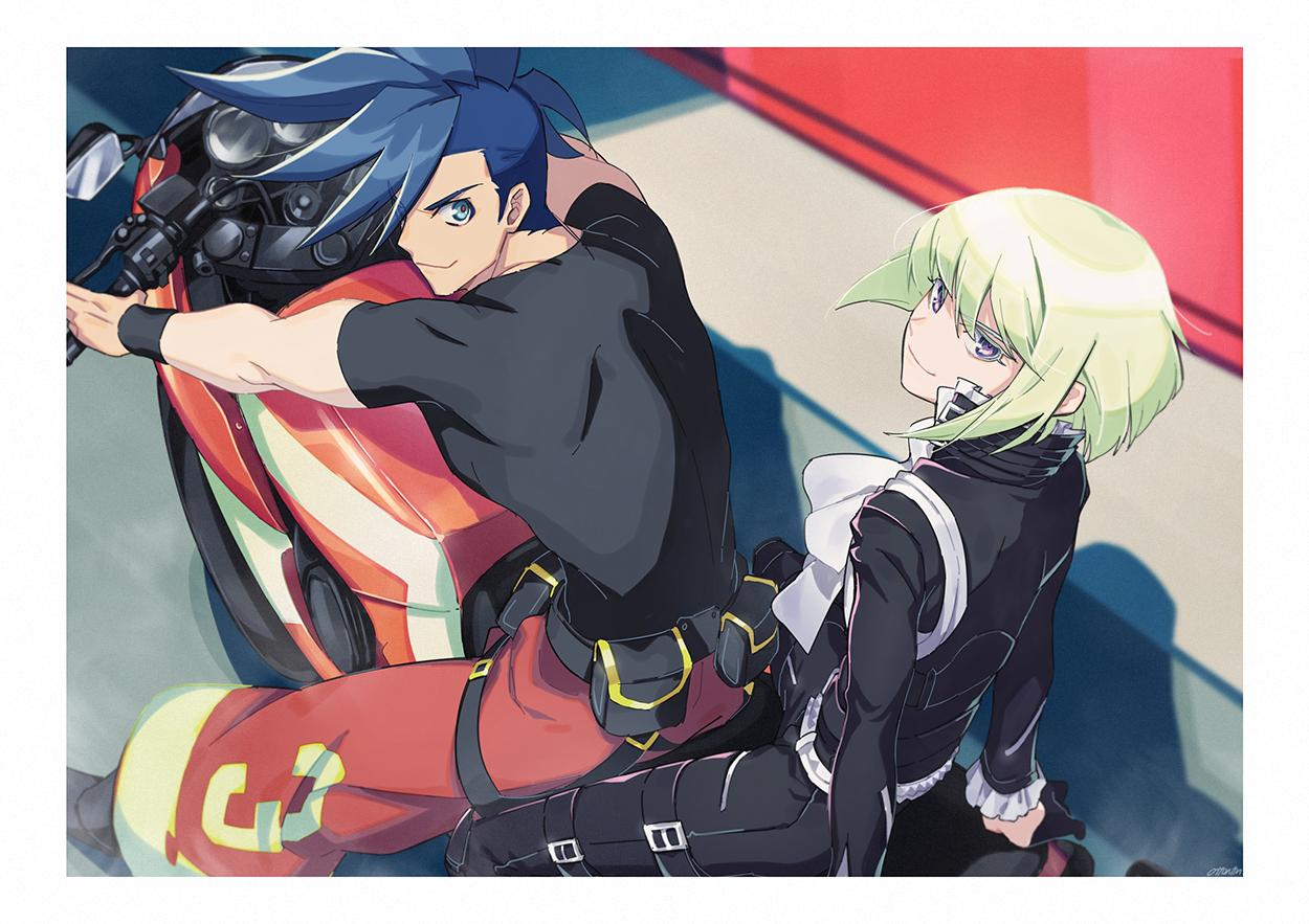 2boys, black_gloves, black_jacket, blonde_hair, blue_eyes, blue_hair, cravat, frilled_shirt_collar