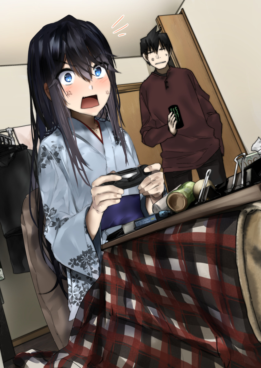1boy, 1girl, anger_vein, araido_kagiri, black_hair, blue_eyes, can, clutter