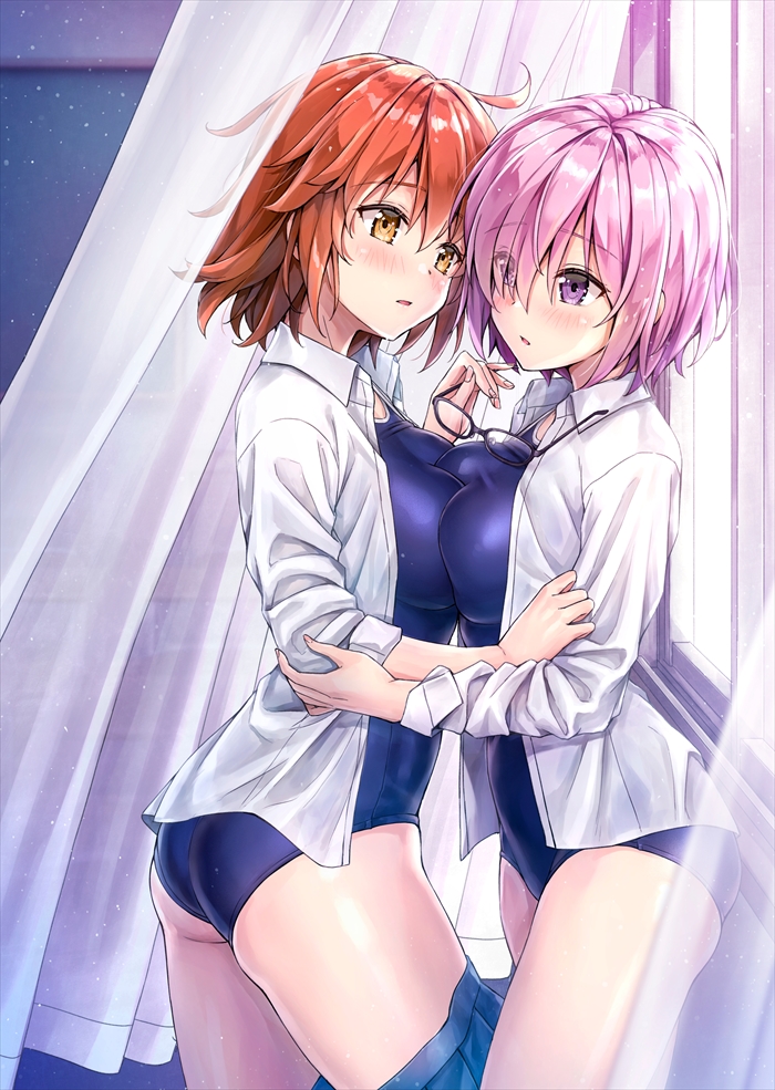 2girls, ahoge, ass, asymmetrical_docking, bangs, bare_shoulders, black-framed_eyewear, blue_skirt