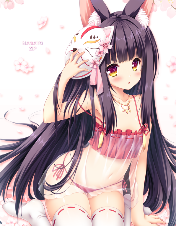 1girl, animal_ears, arm_up, armpits, azur_lane, black_hair, blush, bra