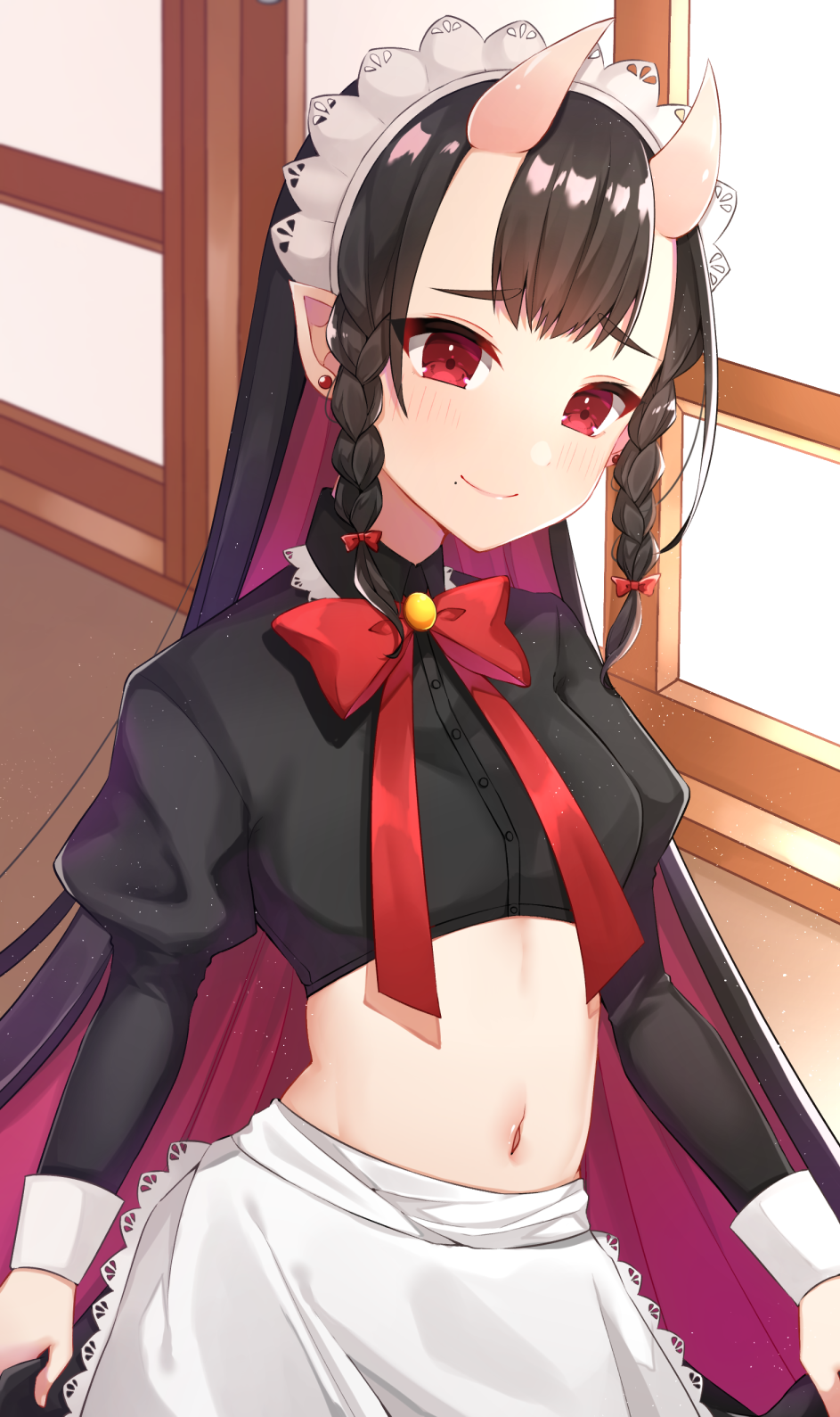 1girl, apron, black_hair, black_shirt, bow, bowtie, breasts, collared_shirt