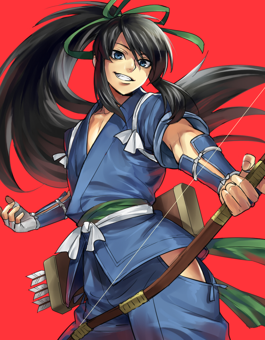 1boy, asymmetrical_gloves, black_hair, blue_eyes, blue_hakama, blue_kimono, bow_(weapon), cowboy_shot