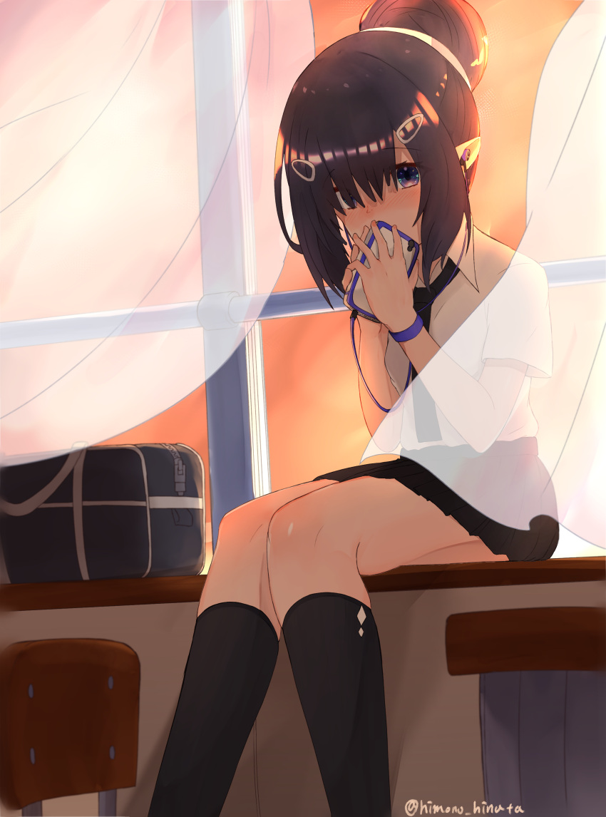 1girl, absurdres, azur_lane, bag, bangs, black_hair, black_legwear, black_skirt