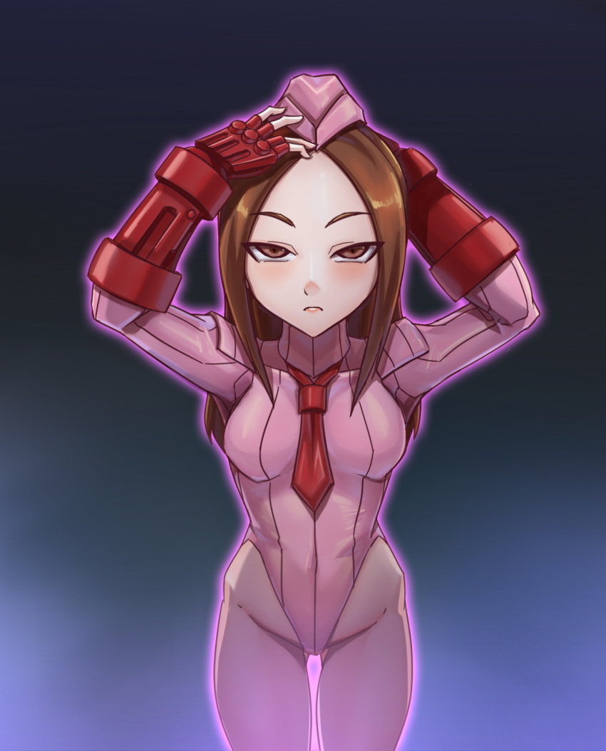 1girl, ass_visible_through_thighs, bangs, black_background, breasts, brown_eyes, brown_hair, cammy_white