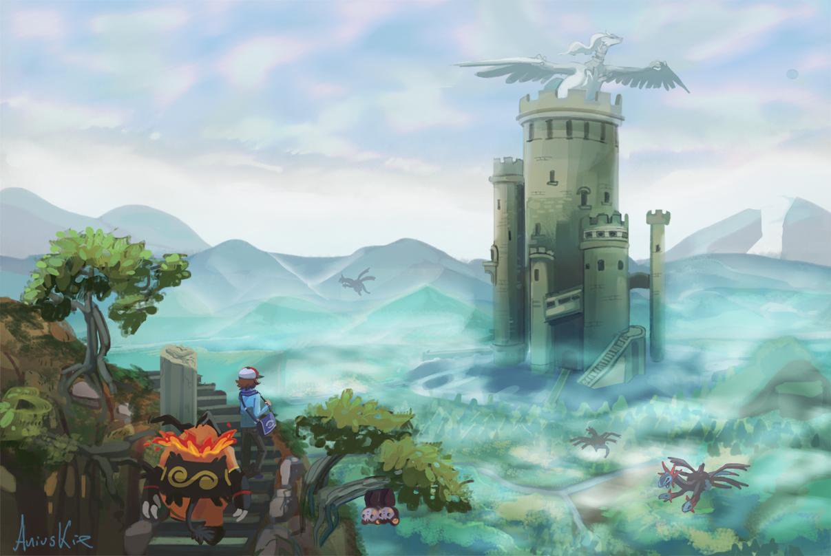 1boy, aniuskie, artist_name, broken_pillar, castle, emboar, emolga, fog