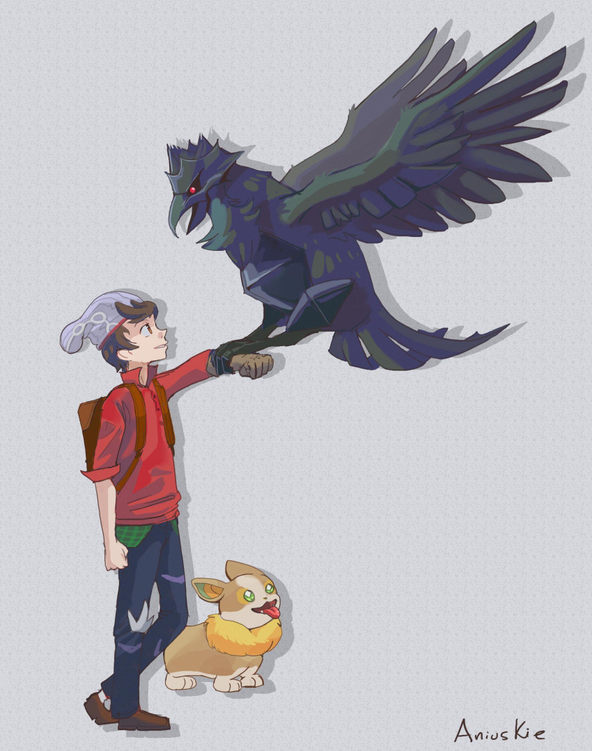 1boy, aniuskie, artist_name, corviknight, gen_8_pokemon, male_protagonist_(pokemon_swsh), pokemon, pokemon_(creature)