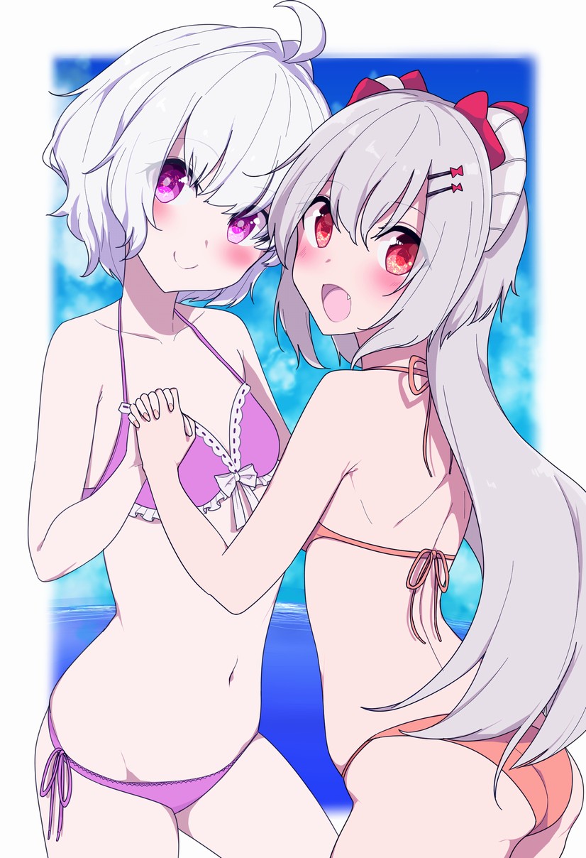 2girls, :d, ahoge, arched_back, ass, bangs, bare_arms, bare_shoulders
