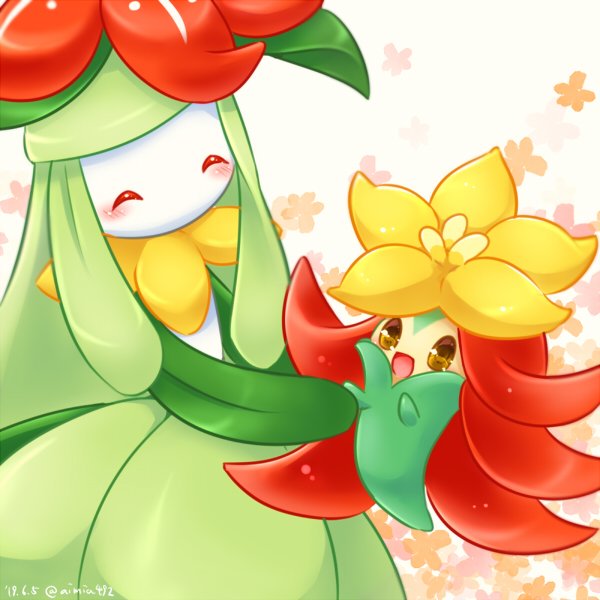 aimia492, artist_name, blush, closed_eyes, dated, flower_on_head, gen_5_pokemon, gen_8_pokemon, gossifleur, lilligant, plant_girl, pokemon, pokemon_(creature), pokemon_(game), red_flower, yellow_flower