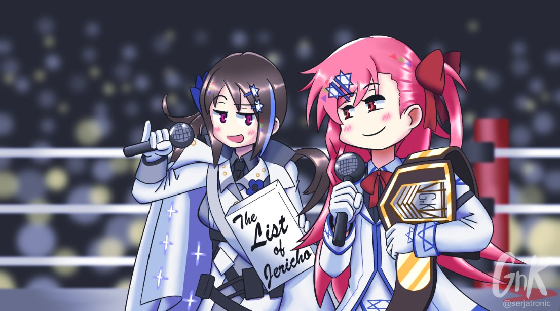 2girls, championship_belt, chris_jericho, english_text, gloves, hair_ornament, hairclip, hexagram