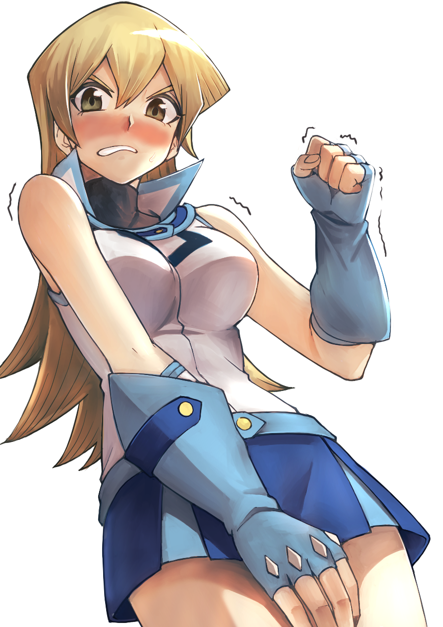 1girl, angry, bare_shoulders, blonde_hair, blush, breasts, clenched_teeth, covering, covering_crotch, cowboy_shot, embarrassed, gloves, highres, looking_at_viewer, pleated_skirt, rourou_ill, skirt, sleeveless, solo, teeth, tenjouin_asuka, trembling, yellow_eyes, yuu-gi-ou, yuu-gi-ou_gx