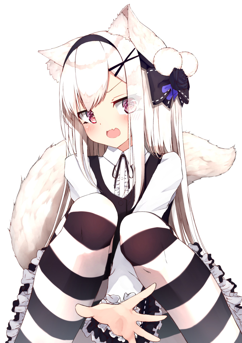 1girl, absurdres, animal_ears, bangs, between_legs, black_bow, black_flower, black_hairband