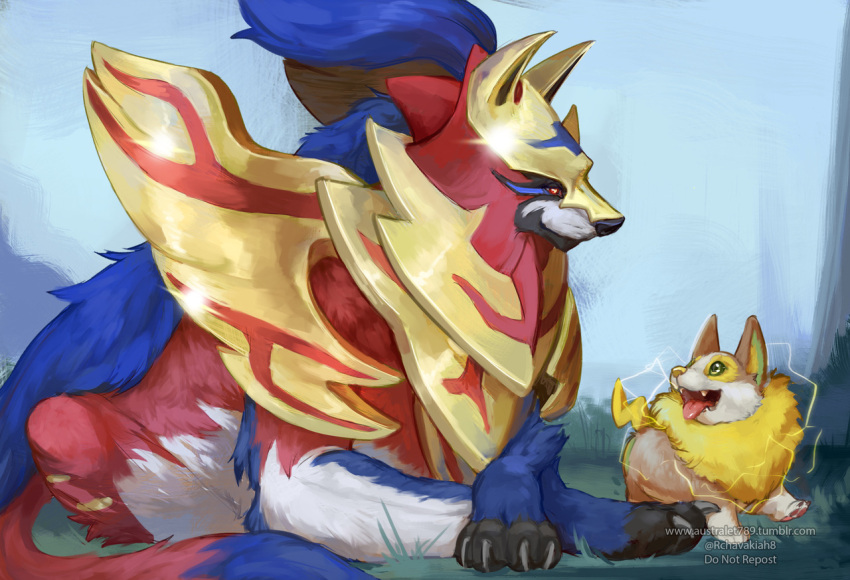 armored_animal, artist_name, australet789, blue_fur, claws, corgi, electricity, fangs