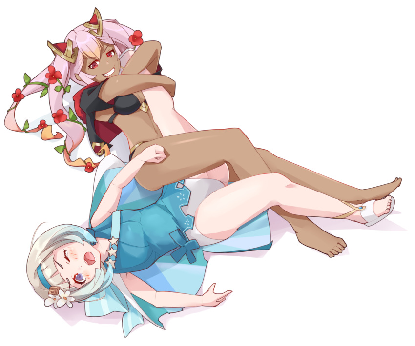 2girls, :o, barefoot, bikini, black_bikini, black_capelet, blue_cape, blue_hair, blue_hairband, blue_swimsuit, cape, capelet, dark_skin, fire_emblem, fire_emblem_heroes, flower, gradient_hair, grin, hair_flower, hair_ornament, hairband, jaegan, laevatein_(fire_emblem), leg_lock, long_hair, multicolored_hair, multiple_girls, one_eye_closed, open_mouth, pink_hair, red_eyes, red_flower, sandals, short_hair, simple_background, smile, swimsuit, twintails, violet_eyes, white_background, white_flower, white_hair, wince, wrestling, ylgr_(fire_emblem)