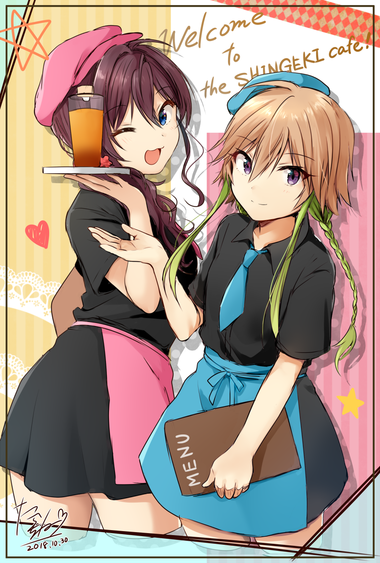 2girls, :3, :d, apron, bangs, black_shirt, black_skirt, blue_eyes, blue_headwear, braid, brown_hair, closed_mouth, cup, dated, dimension-3_(idolmaster), drinking_glass, eyebrows_visible_through_hair, eyelashes, green_hair, hair_extensions, heart, holding, holding_tray, ichinose_shiki, idolmaster, idolmaster_cinderella_girls, idolmaster_cinderella_girls_starlight_stage, long_hair, looking_at_viewer, menu, multicolored_hair, multiple_girls, necktie, ninomiya_asuka, one_eye_closed, open_mouth, orange_hair, pink_headwear, shirt, short_hair, signature, skirt, smile, standing, star, tarachine, tray, two-tone_hair, violet_eyes, waitress