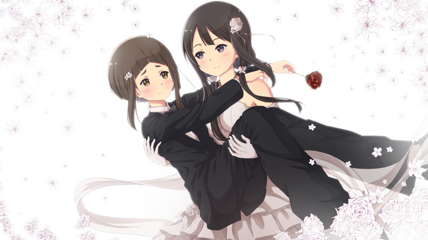 2girls, absurdres, black_pants, blazer, blush, bride, brown_eyes, brown_hair
