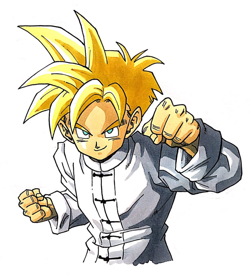1boy, aqua_eyes, blonde_hair, chinese_clothes, clenched_hands, commentary, dragon_ball, dragon_ball_z