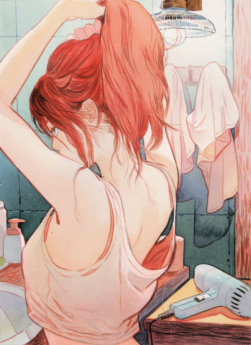 1girl, adjusting_hair, armpits, back, bottle, breasts, brown_eyes, hair_dryer