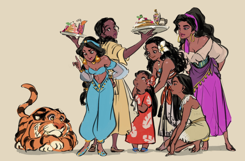 6+girls, age_difference, aladdin_(disney), animal, arm_support, arms_behind_back, baggy_pants, bare_shoulders, barefoot, beige_background, black_eyes, black_hair, blue_footwear, blue_hairband, brown_footwear, collarbone, color_connection, commentary_request, company_name, curly_hair, dark_skin, diadem, disney, dress, earrings, egyptian_clothes, esmeralda_(disney), finger_to_mouth, flower, food, gori_matsu, hair_flower, hair_ornament, hairband, hand_on_hip, hands_on_another's_back, hibiscus, highres, holding, holding_tray, hoop_earrings, index_finger_raised, jasmine_(disney), jewelry, kneeling, leaf_print, leaning_forward, lilo_&amp;_stitch, lilo_pelekai, lipstick, long_hair, looking_at_another, looking_back, looking_down, looking_up, makeup, midriff, moana_(movie), moana_waialiki, multiple_girls, necklace, pants, parted_lips, plumeria, pocahontas, pocahontas_(disney), ponytail, profile, purple_hairband, rajah_(disney), red_dress, red_flower, red_lips, red_lipstick, sandals, scolding, shadow, shiny, shiny_skin, simple_background, skirt, straight_hair, strapless, the_hunchback_of_notre_dame, the_princess_and_the_frog, tiana_(the_princess_and_the_frog), tiger, trait_connection, tray, tubetop, white_flower, yellow_dress