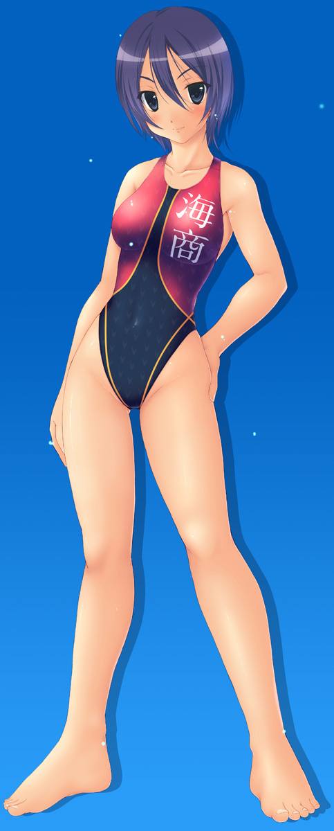 blue_eyes, blue_hair, competition_swimsuit, feet, highres, ishii_akira, legs, one-piece_swimsuit